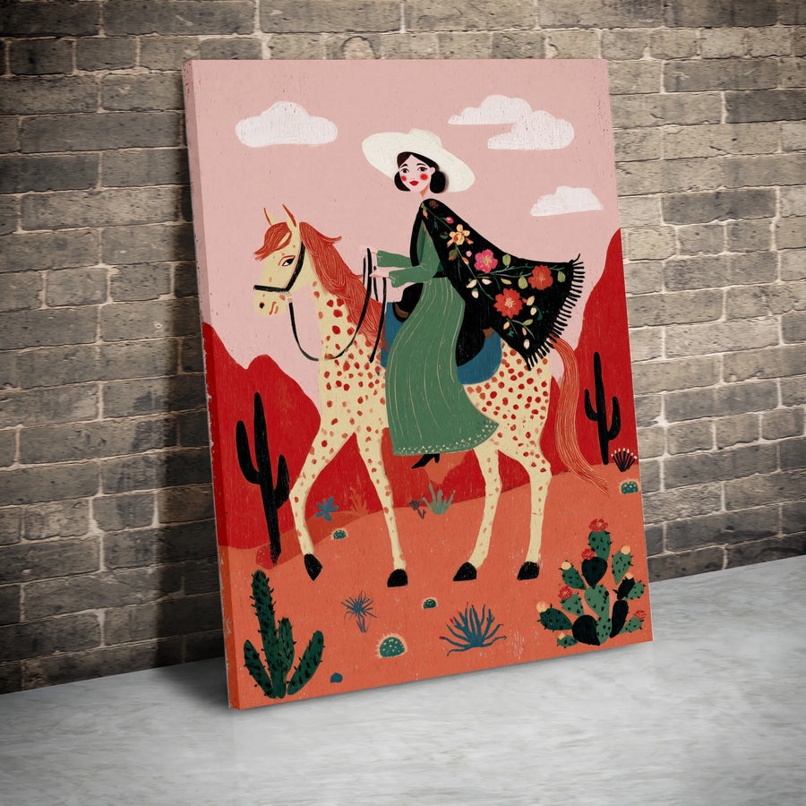 Western Cowgirl Canvas Wall Art | Folk Art Desert Cactus Decor | Premium Fade-Resistant Print | Southwestern Home Decor Gift