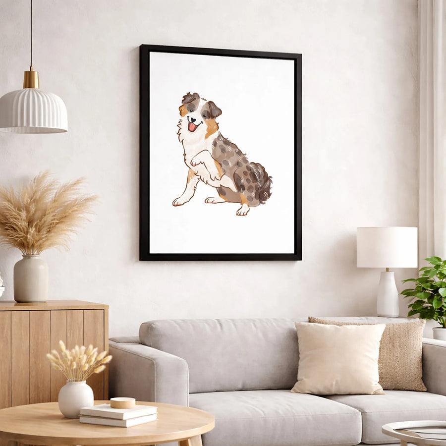 Australian Shepherd Canvas Wall Art | Cute Merle Dog Watercolor Portrait | Premium 1.25" Gallery Wrap | Gift for Aussie Dog Lovers