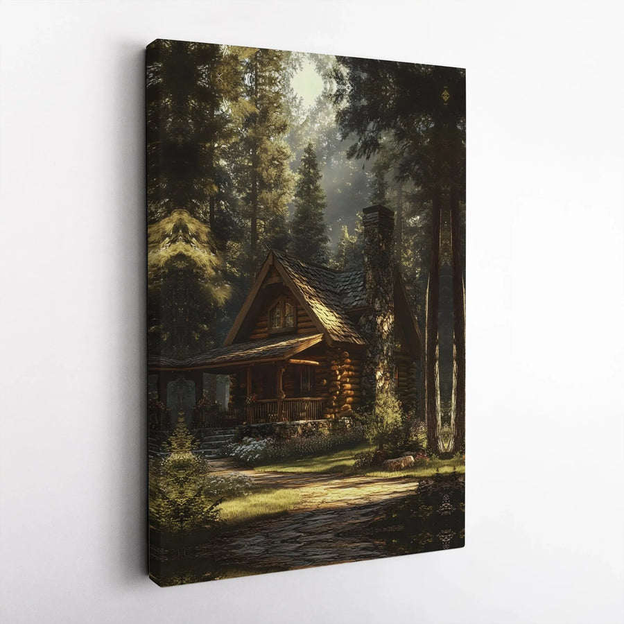 Log Cabin Canvas Wall Art | Rustic Forest Retreat Painting with Sunlit Woods | Premium Gallery Wrap Canvas | Cabin Decor Gift for Nature Lovers