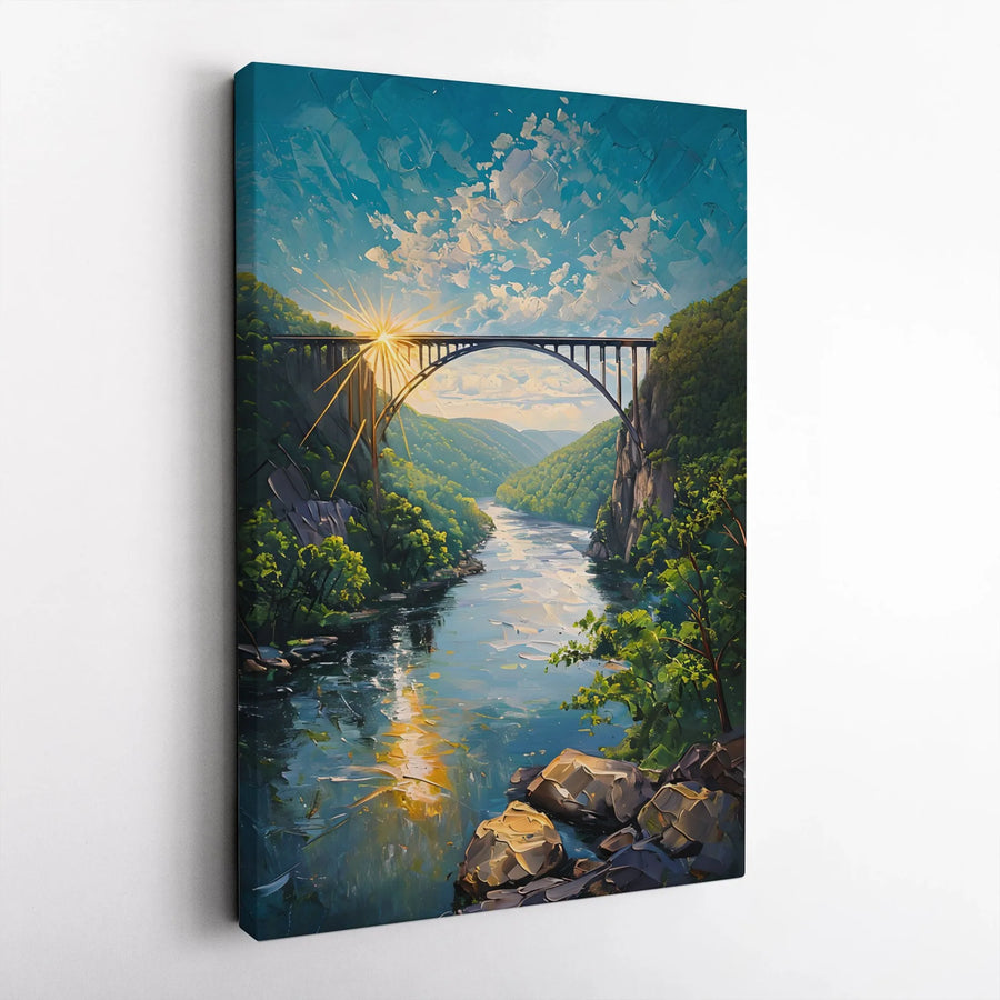 New River Gorge Bridge Canvas Print | Sunrise Landscape Oil Painting Style | 1.25-Inch Gallery Wrap | West Virginia Nature Wall Art Decor Gift