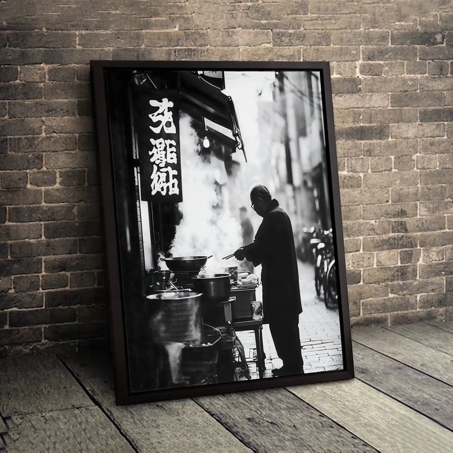 Asian Street Food Canvas Print | Monochrome Chef Cooking Wall Art | 1.25-Inch Gallery Wrap | Restaurant Decor & Culinary Gift