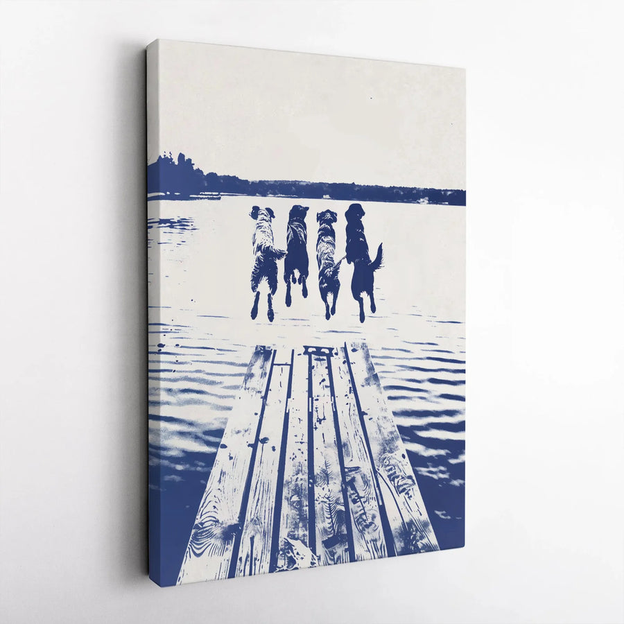 Dog Dock Jumping Canvas Art | Coastal Blue and White Silhouette | Premium Gallery Wrap Wall Decor | Rustic Lake House Gift for Dog Lovers