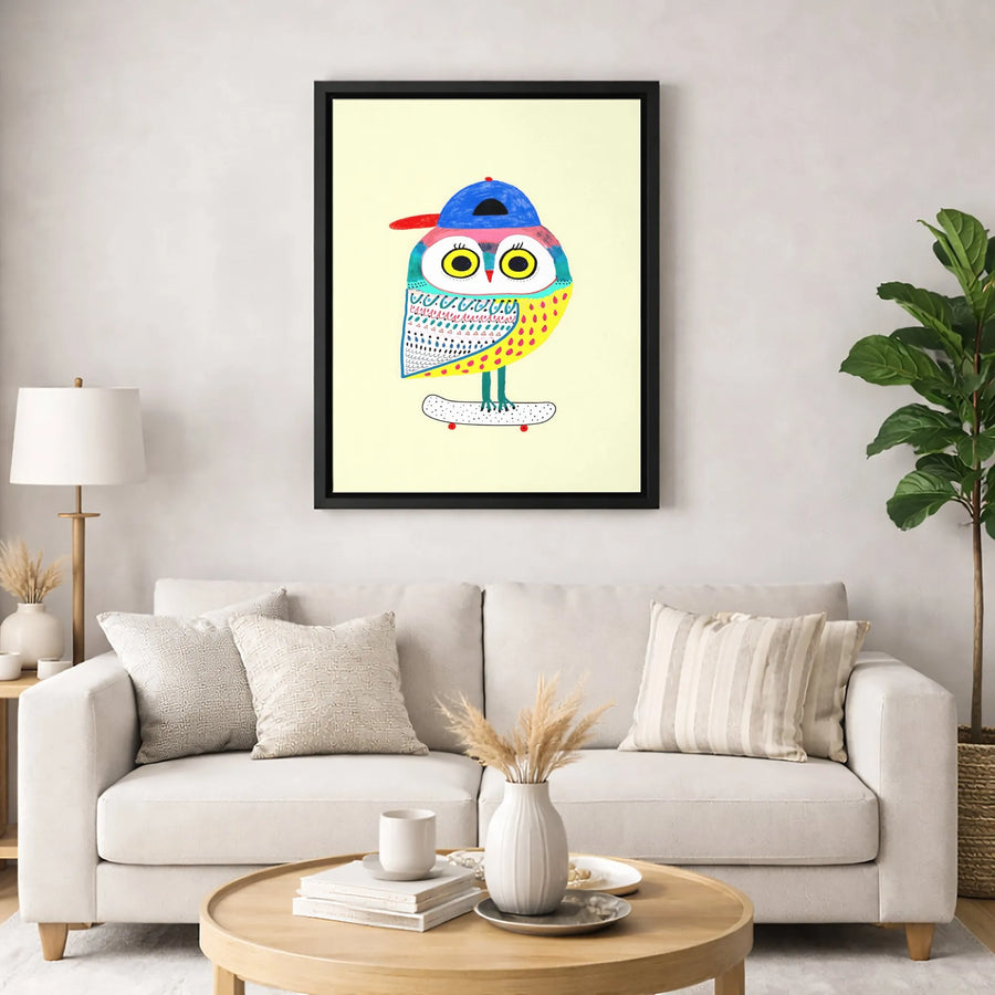 Skater Owl Wall Art | Whimsical Colorful Animal Print | Premium Fade-Resistant Canvas | Kids Room Decor & Nursery Wall Art