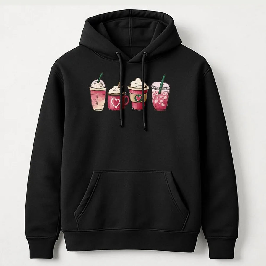 Valentine Coffee Hoodie | Heart Drinks Graphic Illustration | Premium Cotton-Poly Blend | Cute Valentines Day Gift for Coffee Lovers