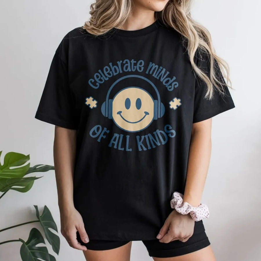Celebrate Minds Of All Kinds T-Shirt | Neurodiversity Awareness Smiley Face Graphic | Premium 100% Cotton Tee | Inclusive Gift For Autism Moms
