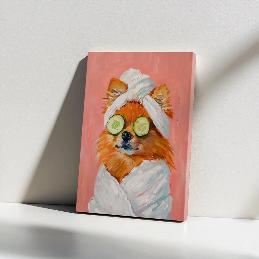 Pomeranian Spa Day Wall Art | Funny Dog in Towel & Cucumber Slices | Premium Gallery Wrap Canvas | Whimsical Pet Lover Gift