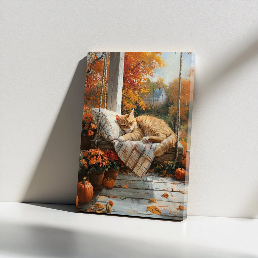 Sleeping Cat Canvas Wall Art | Impressionist Autumn Porch Painting | Premium Thick Gallery Wrap | Cozy Fall Home Decor Gift for Cat Mom