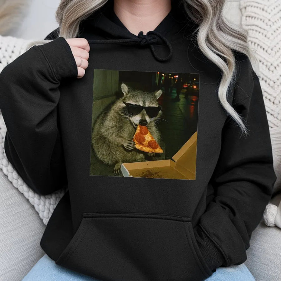 Funny Raccoon Hoodie | Cool Raccoon Wearing Sunglasses Eating Pizza Design | Premium Cotton Blend | Sarcastic Animal Meme Gift For Men And Women