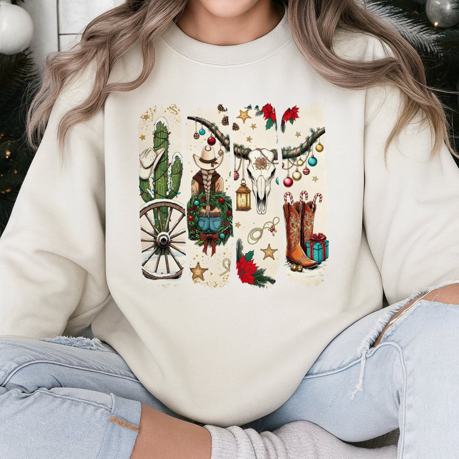 Cowgirl Christmas Sweatshirt | Western Holiday Graphic Design | Premium Cotton Blend | Festive Cowboy Boots Gift For Her