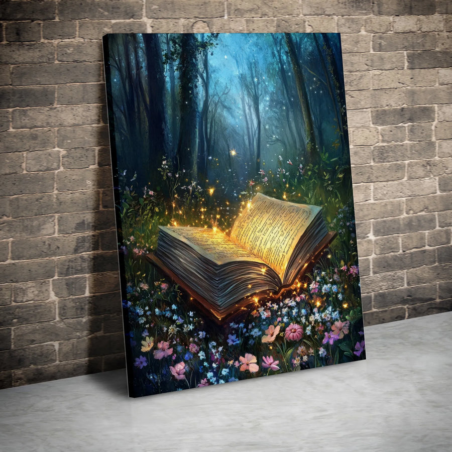Enchanted Book Vertical Canvas | Mystical Forest Glowing Storybook Art | Premium Gallery Wrapped Print | Gift for Readers & Library Decor