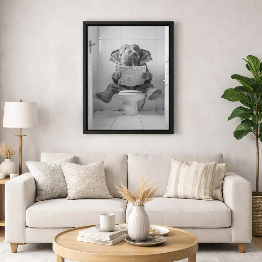 Elephant Reading Newspaper on Toilet Canvas | Funny Bathroom Wall Art Decor | Premium Fade-Resistant Print | Quirky Gift for Animal Lovers