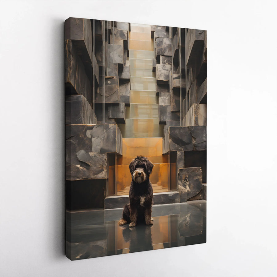 Modern Dog Wall Art | Shaggy Puppy on Abstract Stone Staircase | Premium Gallery Wrap Canvas | Unique Home Office Decor Gift