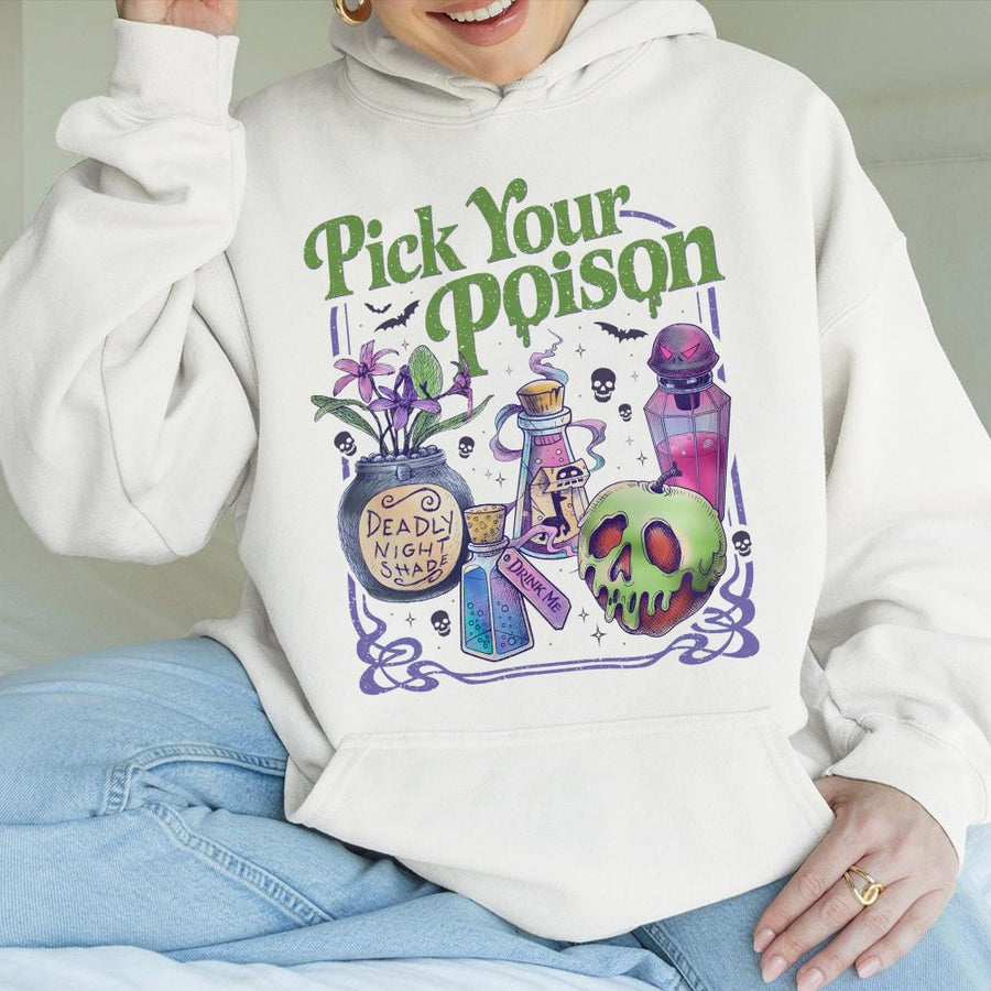 Pick Your Poison Hoodie | Halloween Graphic Witchy Potion Art | Premium Cotton Blend | Spooky Season Gift For Women And Men