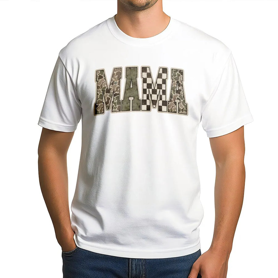 Mama Graphic Tee | Camo & Checkered Block Letter Design | Premium Soft Cotton Shirt | Trendy Gift for New Mom, Boy Mom