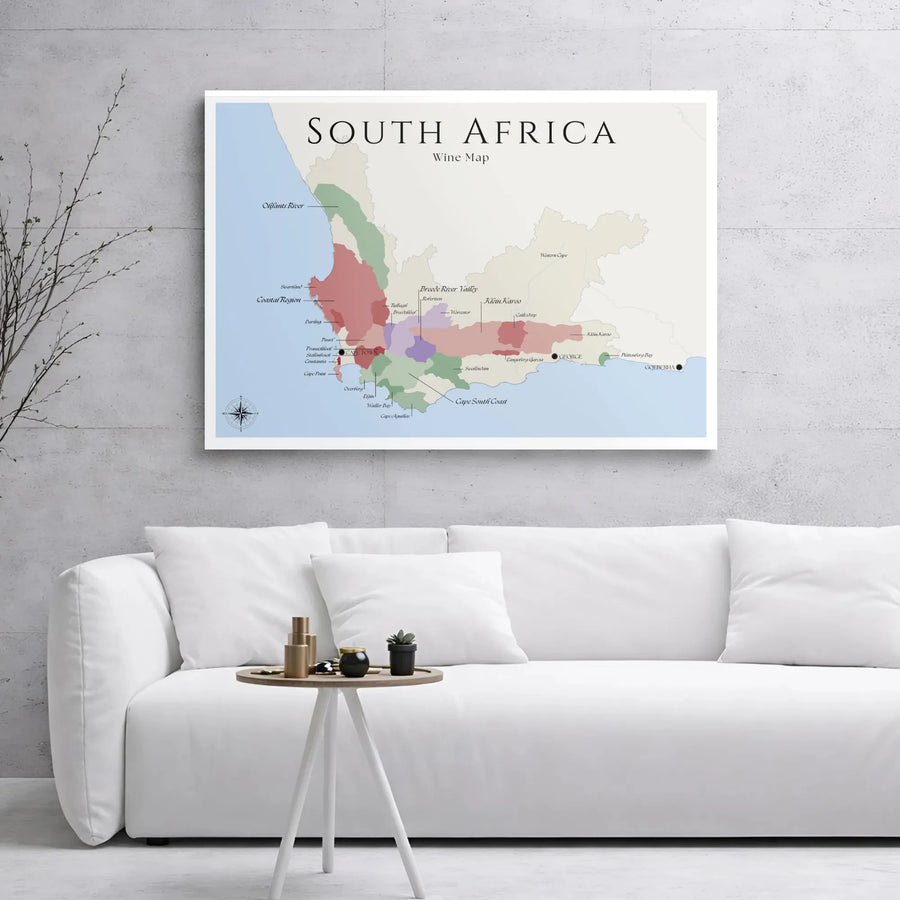 South Africa Wine Map Canvas | Detailed Viticulture Regions Chart | Premium Gallery Wrap Wall Art | Gift for Wine Connoisseurs & Travelers