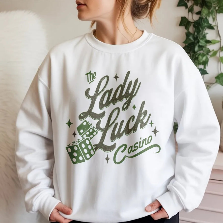 Good Luck Sweatshirt | Vintage Lady Luck Casino Graphic | Premium Unisex Pullover | Gift for Gamblers, Vegas Trip Apparel