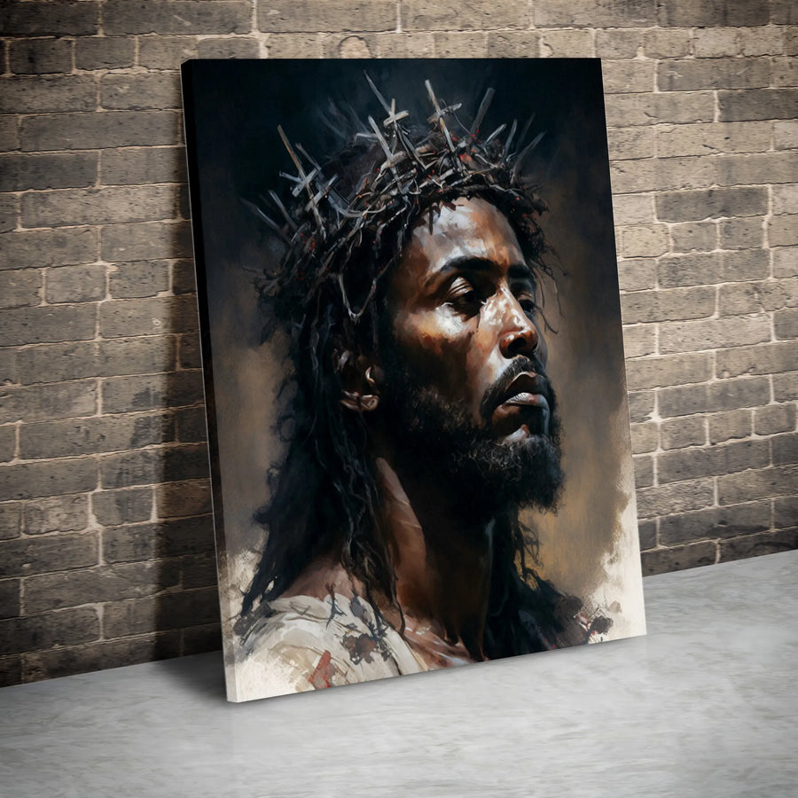 Black Jesus Canvas Wall Art | Crown of Crosses Portrait | Premium 1.25" Thick Canvas | Christian Faith Home Decor Gift