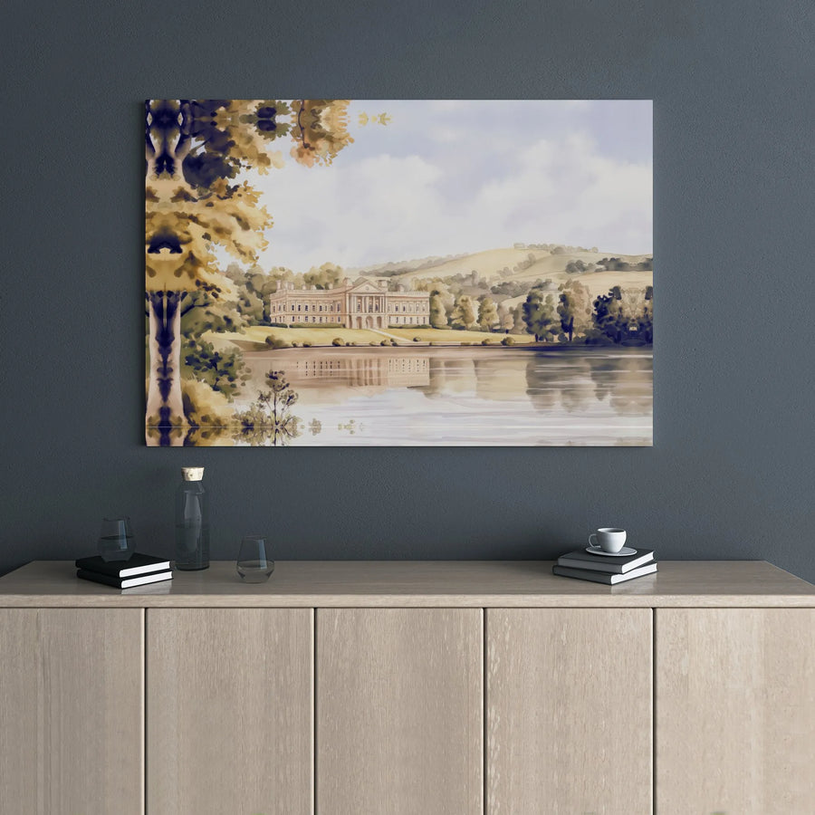 English Country Manor Wall Art | Watercolor Lake Landscape | Premium Gallery Wrap Canvas | Vintage Estate Home Decor