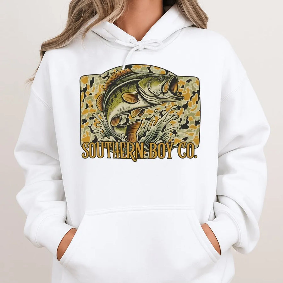 Bass Fishing Hoodie | Vintage Camo Graphic Print | Premium Cotton Blend | Gift for Anglers and Outdoorsmen