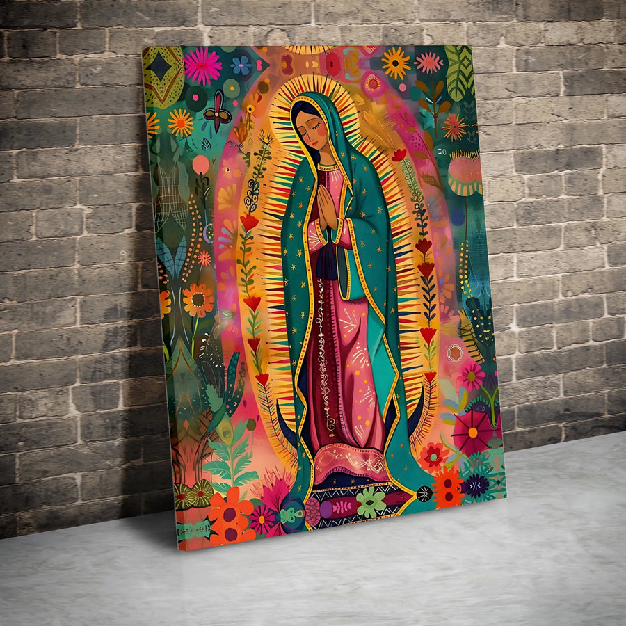 Our Lady Of Guadalupe Canvas Art | Vibrant Mexican Folk Art Floral Print | Premium Gallery-Wrapped Wall Decor | Religious Gift For Home And Office