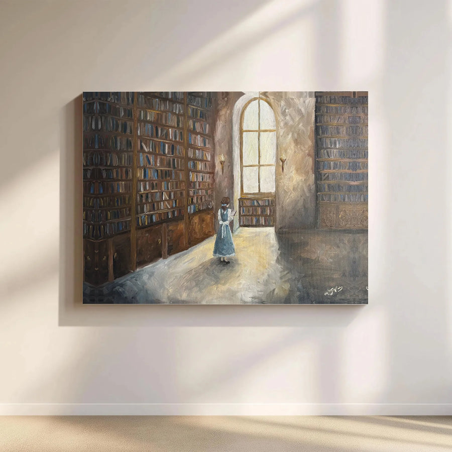 Girl Reading In Library Canvas | Impressionist Book Lover Art | Premium Gallery Wrapped Print | Academic Aesthetic Wall Decor For Home Office