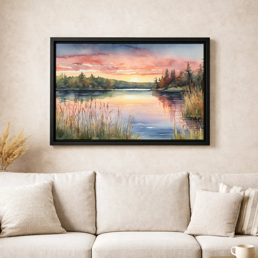 Watercolor Lake Sunset Wall Art | Forest Landscape Nature Print | Premium 1.25" Gallery Canvas | Peaceful Home Decor Gift