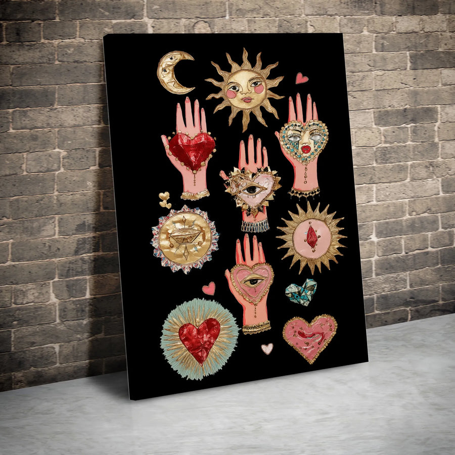 Mystical Sun and Moon Canvas Art | Sacred Heart and Hand Collage | Premium Gallery-Wrapped Wall Decor | Celestial Bohemian Gift for Home