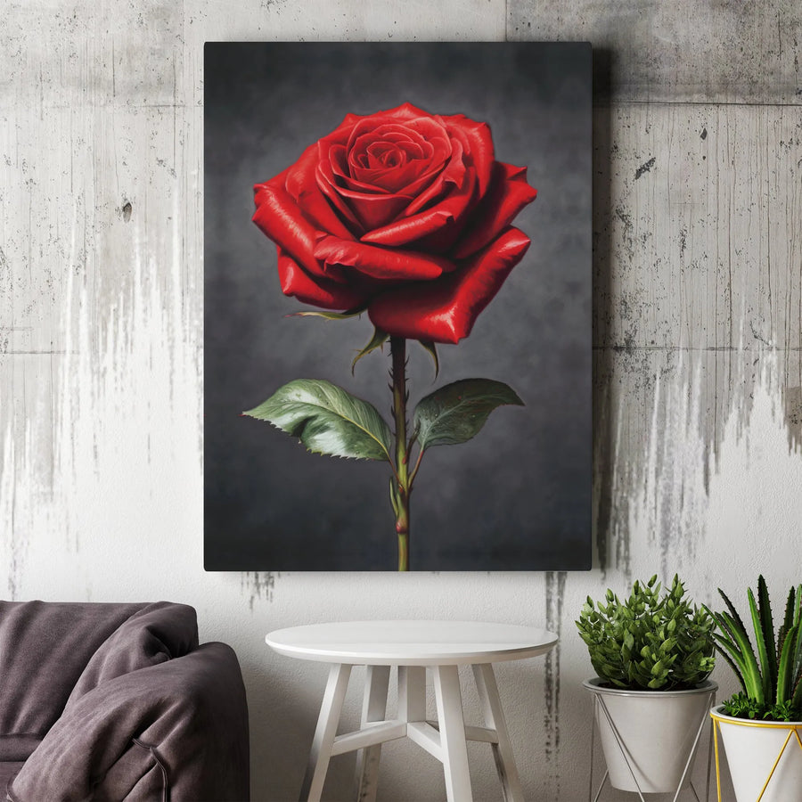 Red Rose Canvas Wall Art | Realistic Single Flower Painting | Premium 1.25" Gallery Wrap | Romantic Botanical Decor Gift for Her