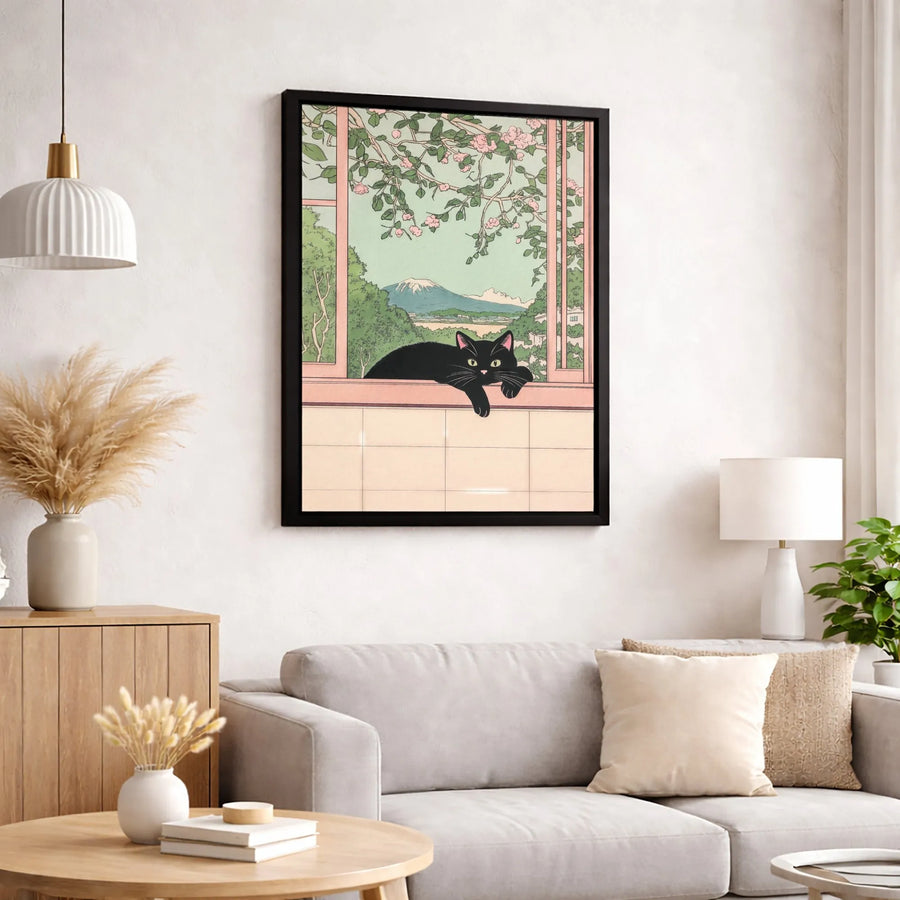 Japanese Black Cat Wall Art | Mt Fuji Cherry Blossom View | Premium Gallery Canvas | Aesthetic Home Decor Gift
