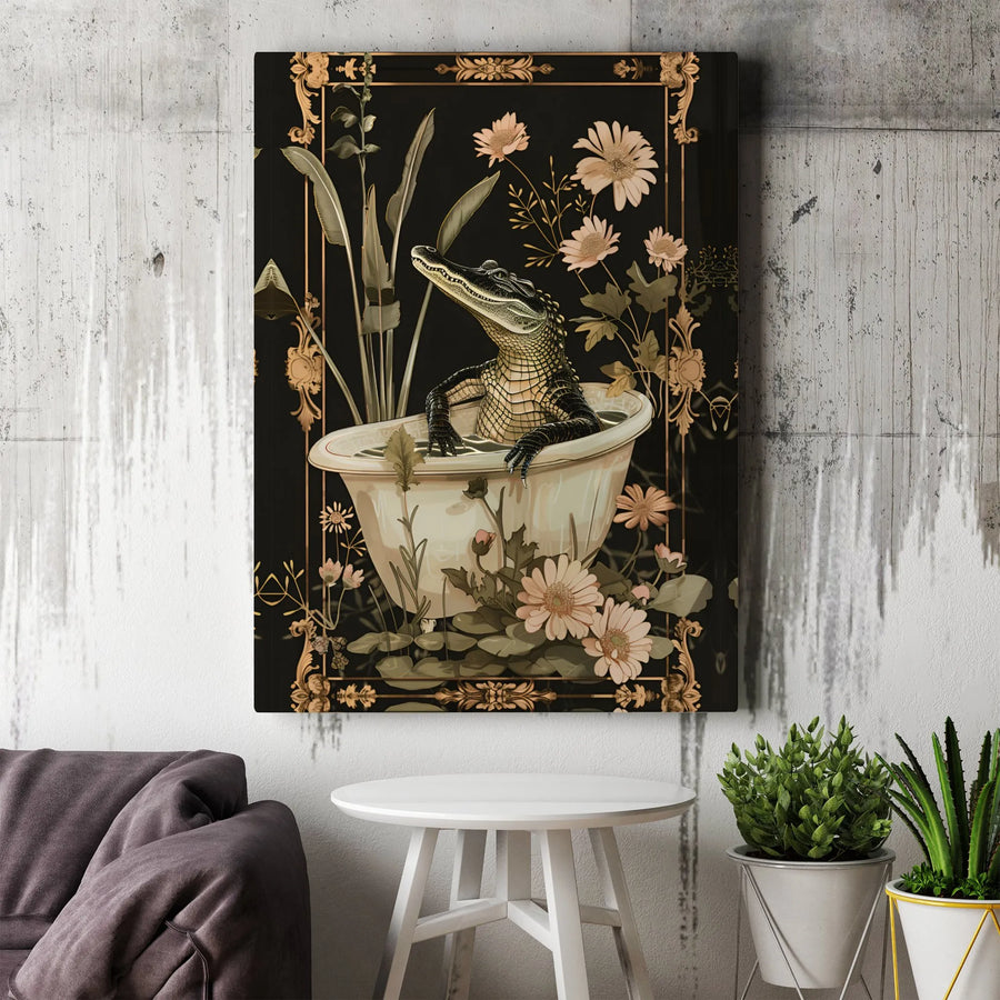 Alligator in Bathtub Wall Art | Whimsical Botanical Floral Canvas Print | Premium Gallery-Wrapped 1.25" Profile | Quirky Bathroom Home Decor Gift