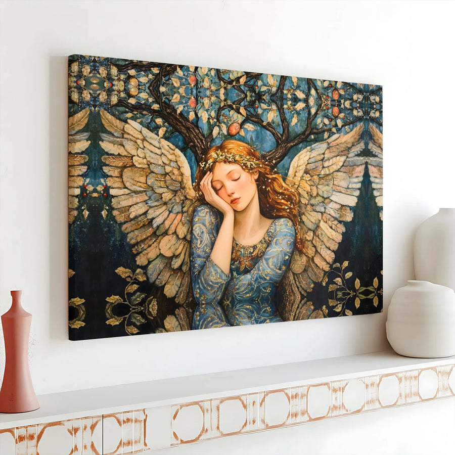 Sleeping Angel Canvas Wall Art | Whimsical Art Nouveau Fairy Print | Premium Gallery Wrap Decor | Spiritual Home Gift For Her
