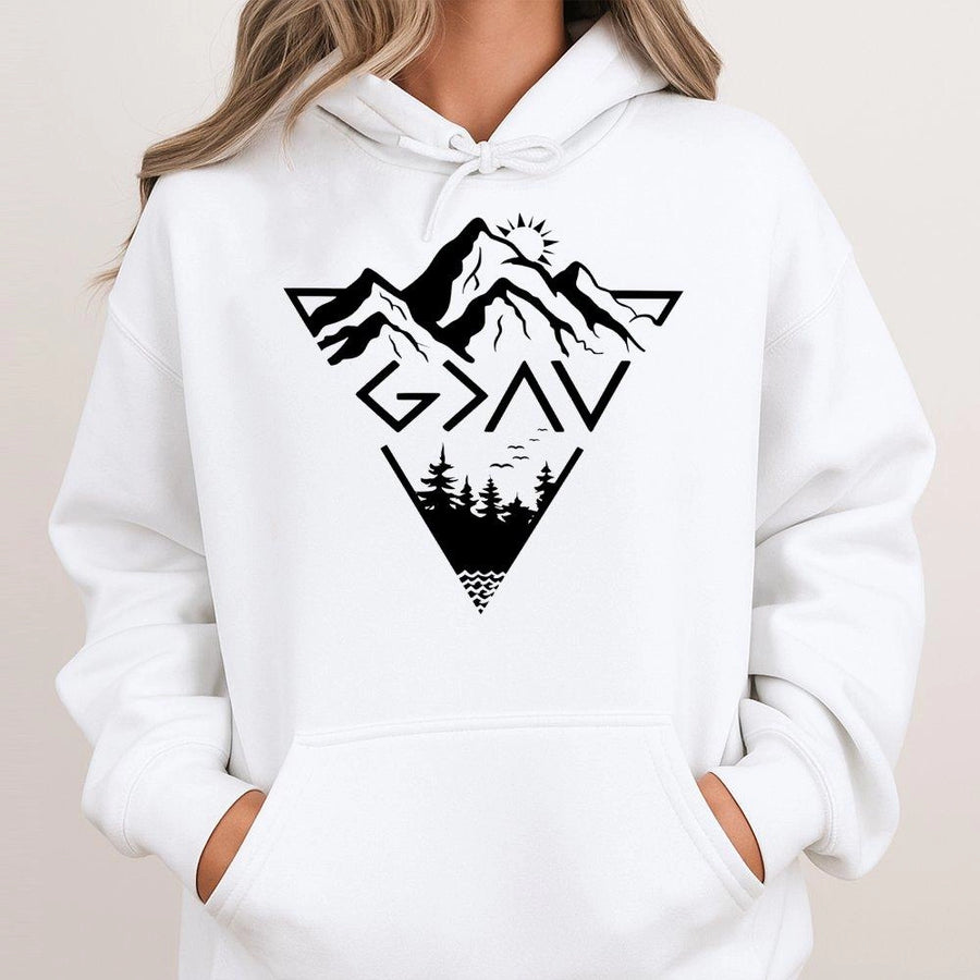 God Is Greater Than The Highs And Lows Hoodie | Minimalist Mountain Faith Graphic | Soft Cotton-Blend Premium Apparel | Religious Gift For Men And Women