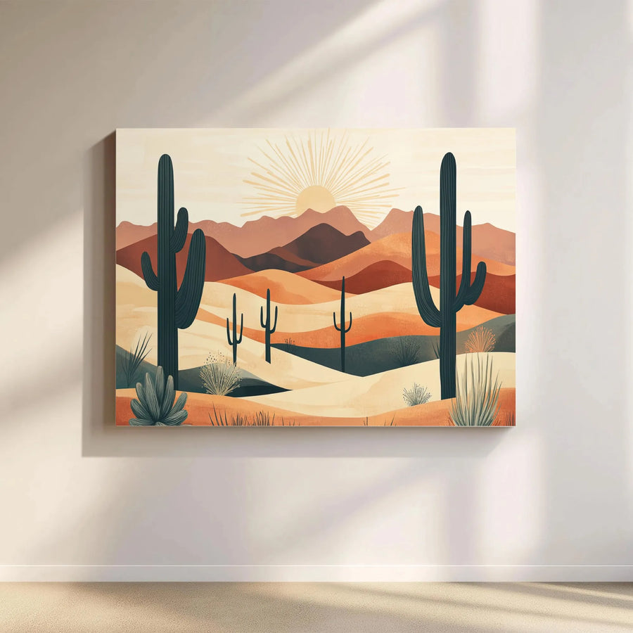 Southwestern Desert Canvas Wall Art | Modern Cactus Mountain Print | Premium Gallery Quality Canvas | Boho Living Room Decor Gift