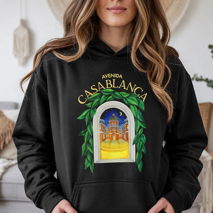 Avenida Casablanca Graphic Hoodie | Mediterranean Archway Architecture Design | Premium Cotton Blend | Artistic Travel Aesthetic Streetwear Gift