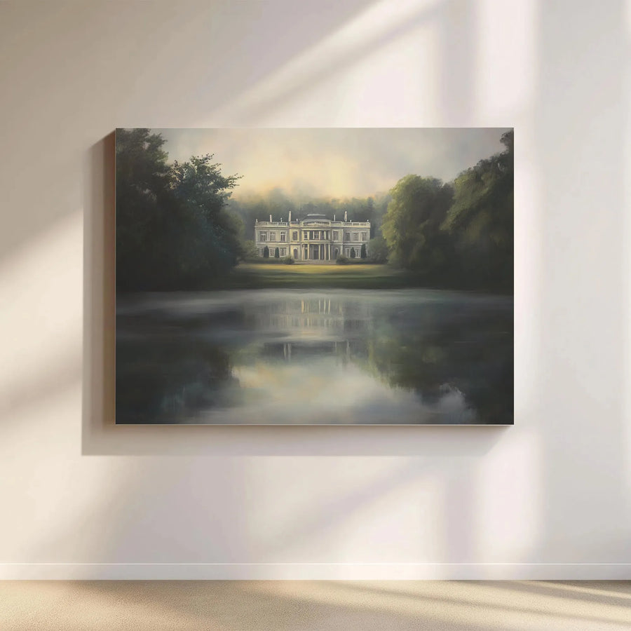 Stately Manor Canvas Wall Art | Vintage Estate Painting with Lake Reflection | Premium Gallery Wrapped Canvas | Classic English Countryside Decor