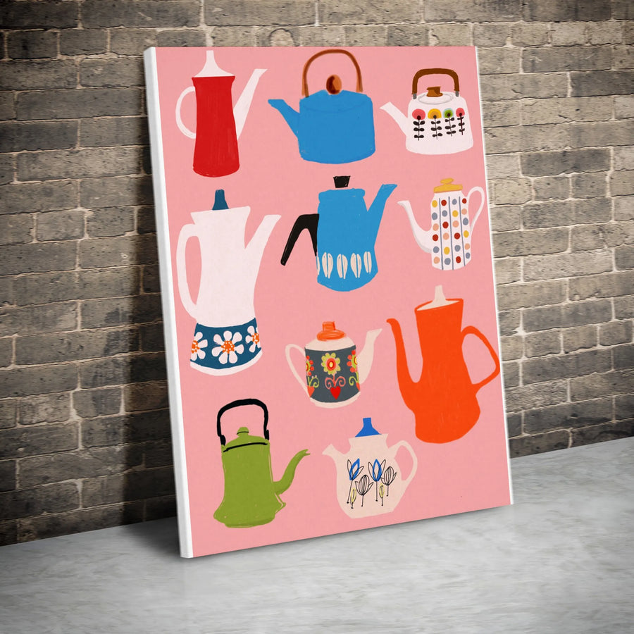 Retro Teapot Collection Canvas | Colorful Kitchen & Dining Room Art | Premium High-Resolution Print | Gift for Tea Lovers & Collectors