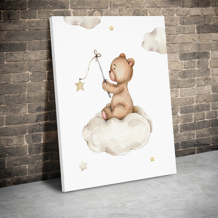 Watercolor Teddy Bear Wall Art | Cute Cloud Fishing For Stars Nursery Decor | Premium Gallery-Wrapped Canvas | Gender Neutral Baby Room Gift
