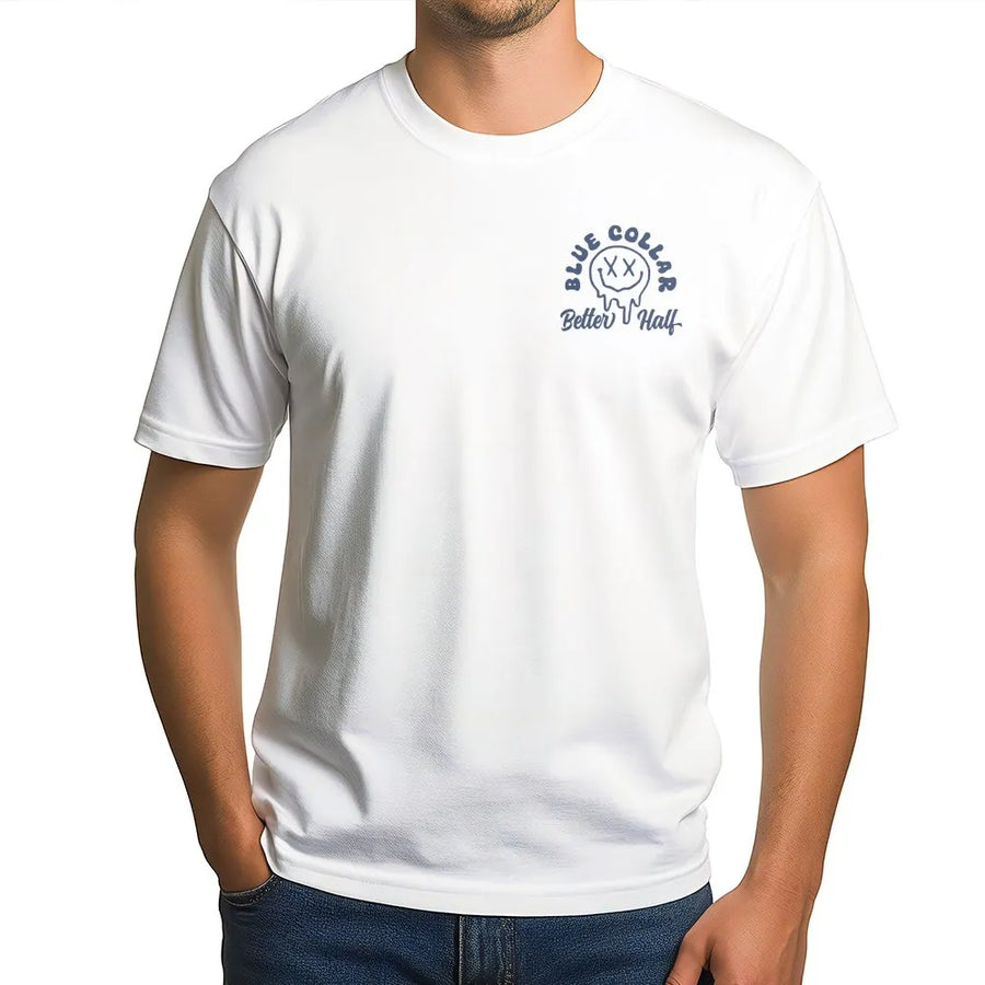 Blue Collar Better Half T-Shirt | Drippy Smiley Face Graphic | Soft Cotton Blend | Gift for Blue Collar Wife