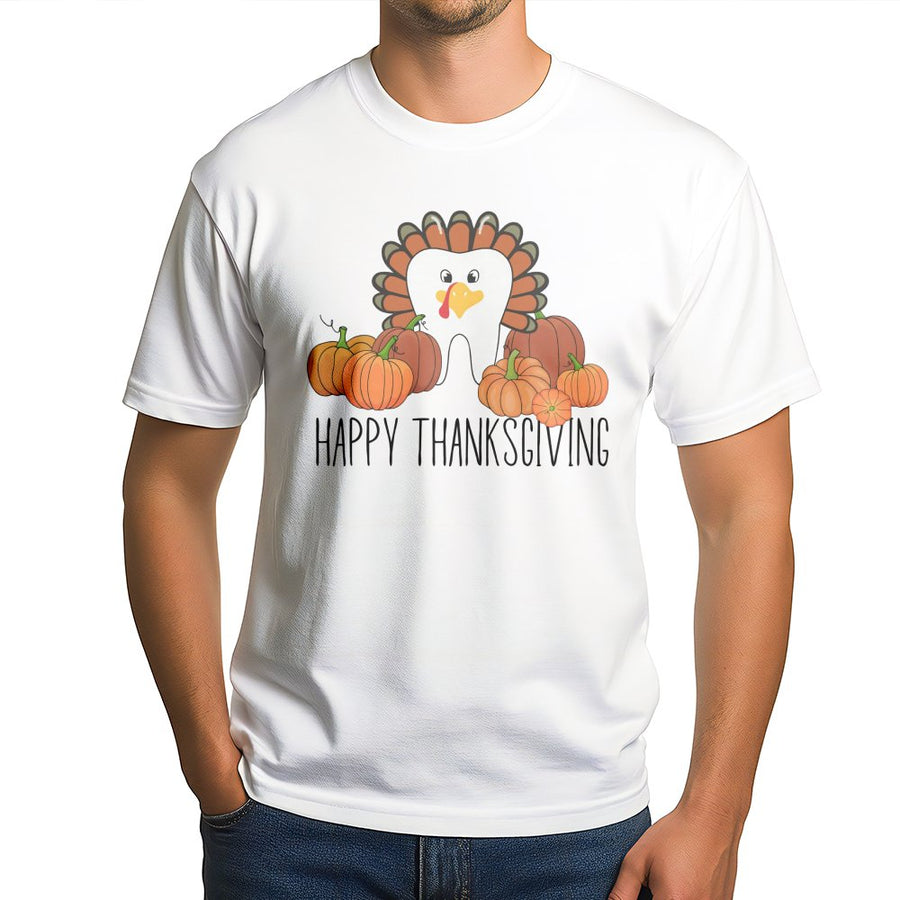 Happy Thanksgiving Tooth T-Shirt | Funny Dental Hygienist Turkey Pumpkin Graphic | 100% Cotton Premium Tee | Dentist Holiday Gift