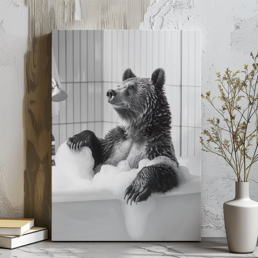 Grizzly Bear Bubble Bath Canvas Wall Art | Whimsical Bathroom Decor | Premium Gallery Wrapped Print | Funny Animal Home Gift