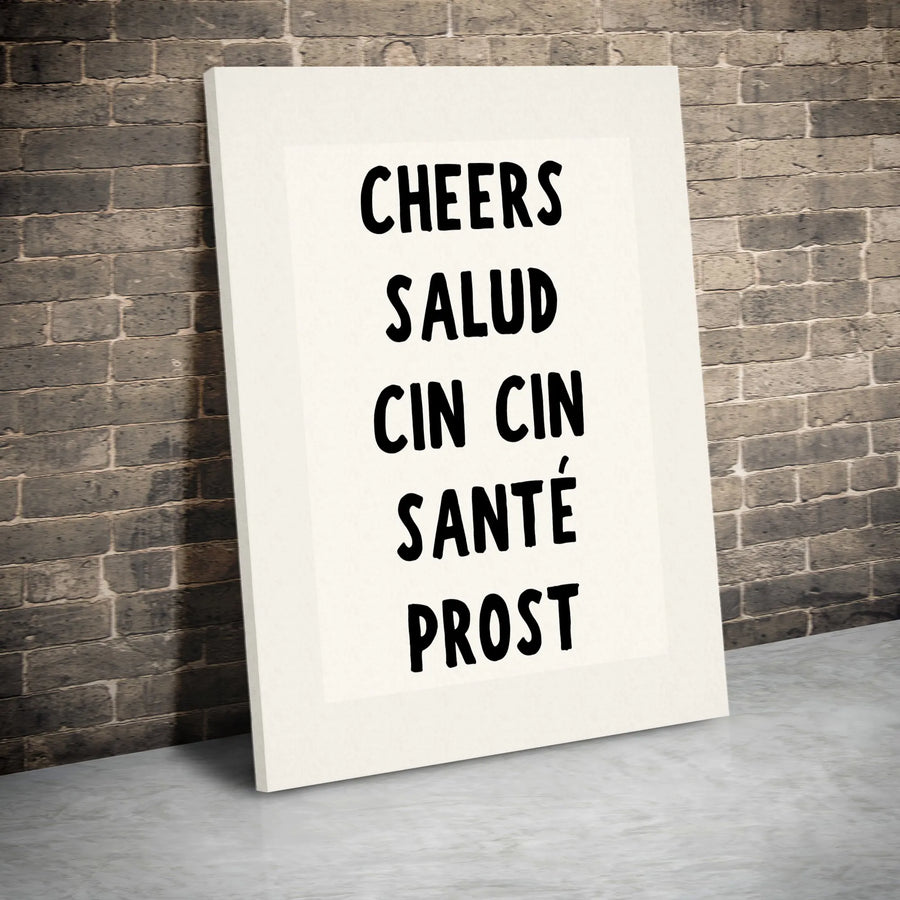 Cheers Multilingual Wall Art | Toasting Words Typographic Print | Gallery Quality 1.25 Inch Canvas | Bar Decor & Housewarming Gift