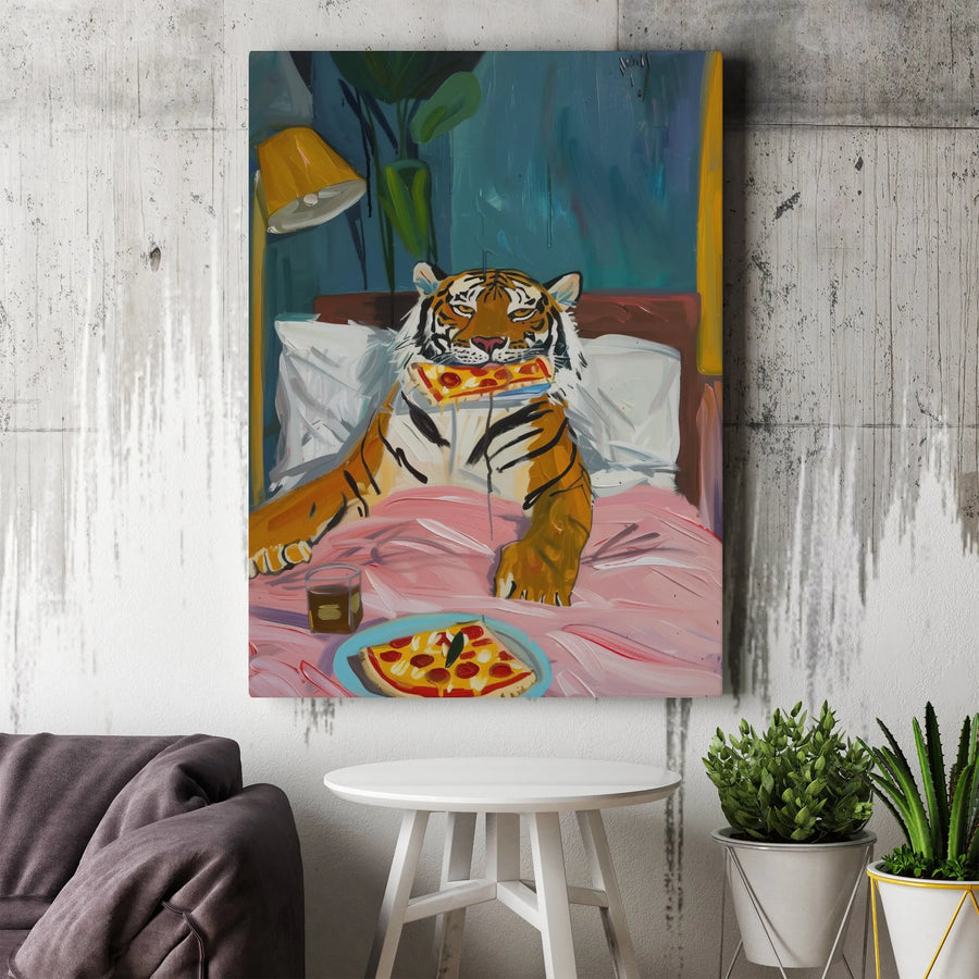 Tiger Eating Pizza Canvas Print | Funny Animal in Bed Wall Art | Premium Gallery Wrapped Canvas | Unique Modern Home Decor Gift for Foodie