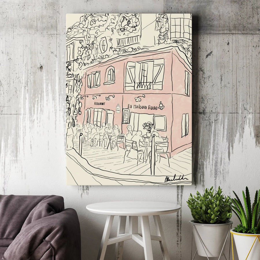 La Maison Rose Paris Canvas Print | Minimalist Montmartre Cafe Line Art | Premium Gallery Wrapped Wall Decor | French Travel Enthusiast Gift
