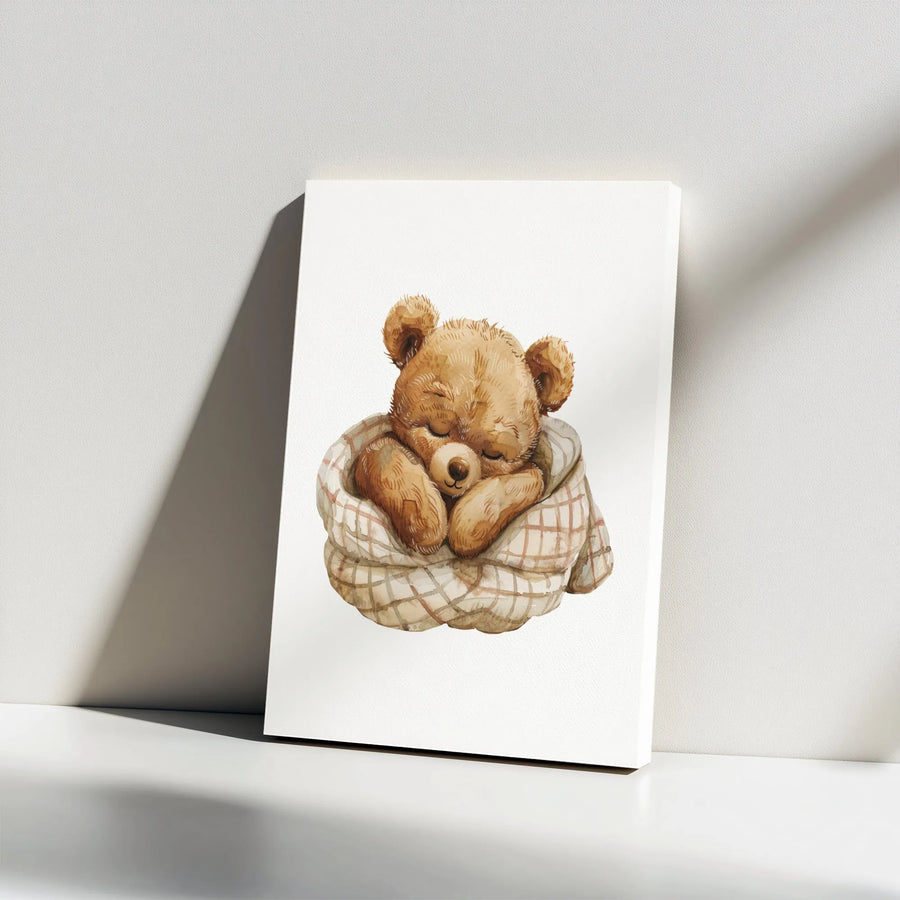 Sleeping Teddy Bear Canvas Wall Art | Watercolor Bear in Plaid Blanket | Premium Gallery Wrapped Print | Cute Nursery Decor Gift for Baby Room