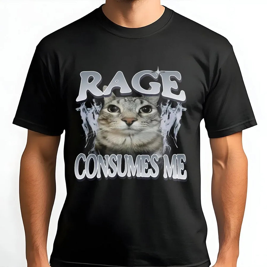Rage Consumes Me Cat T-Shirt | Funny Viral Internet Meme Graphic Tee | Premium Cotton Aesthetic Apparel | Gift for Cat Lovers & Meme Fans