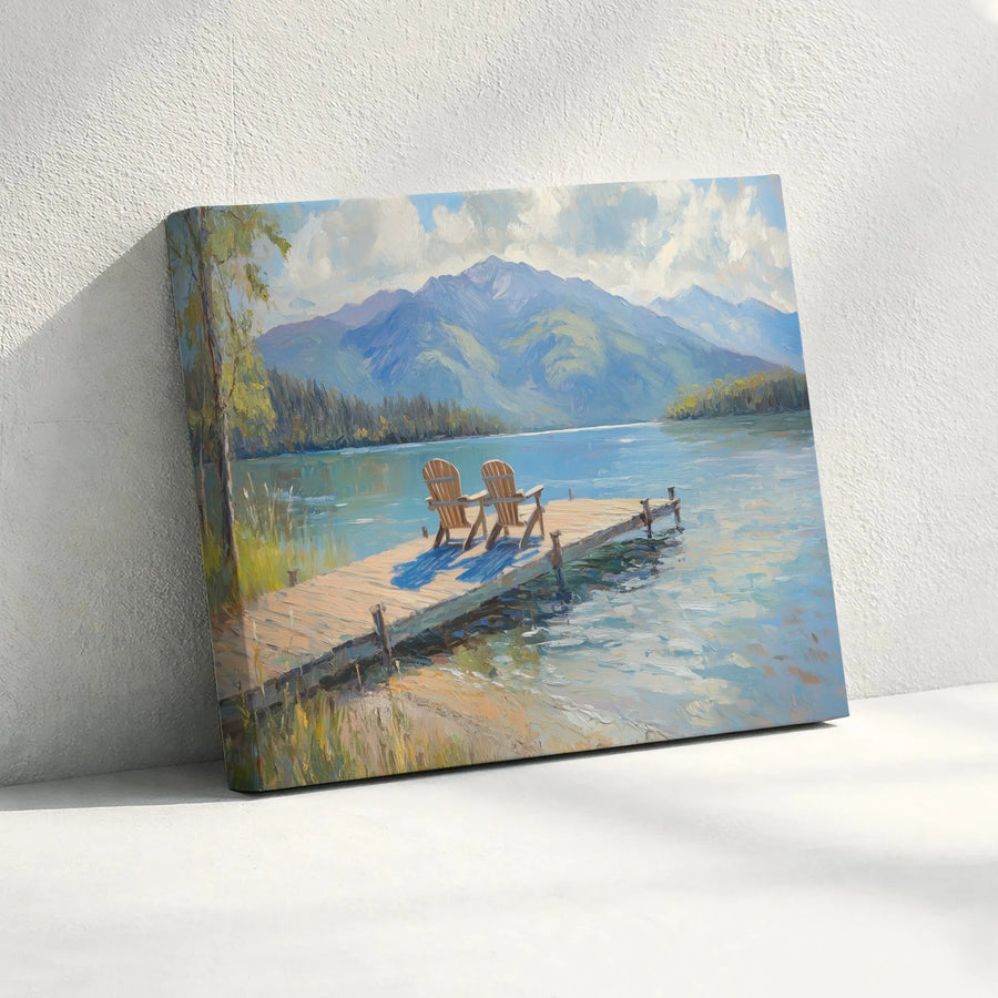Mountain Lake Wall Art | Adirondack Chairs On Dock Landscape Painting | Premium Gallery Wrapped Canvas | Serene Nature Home Decor Gift