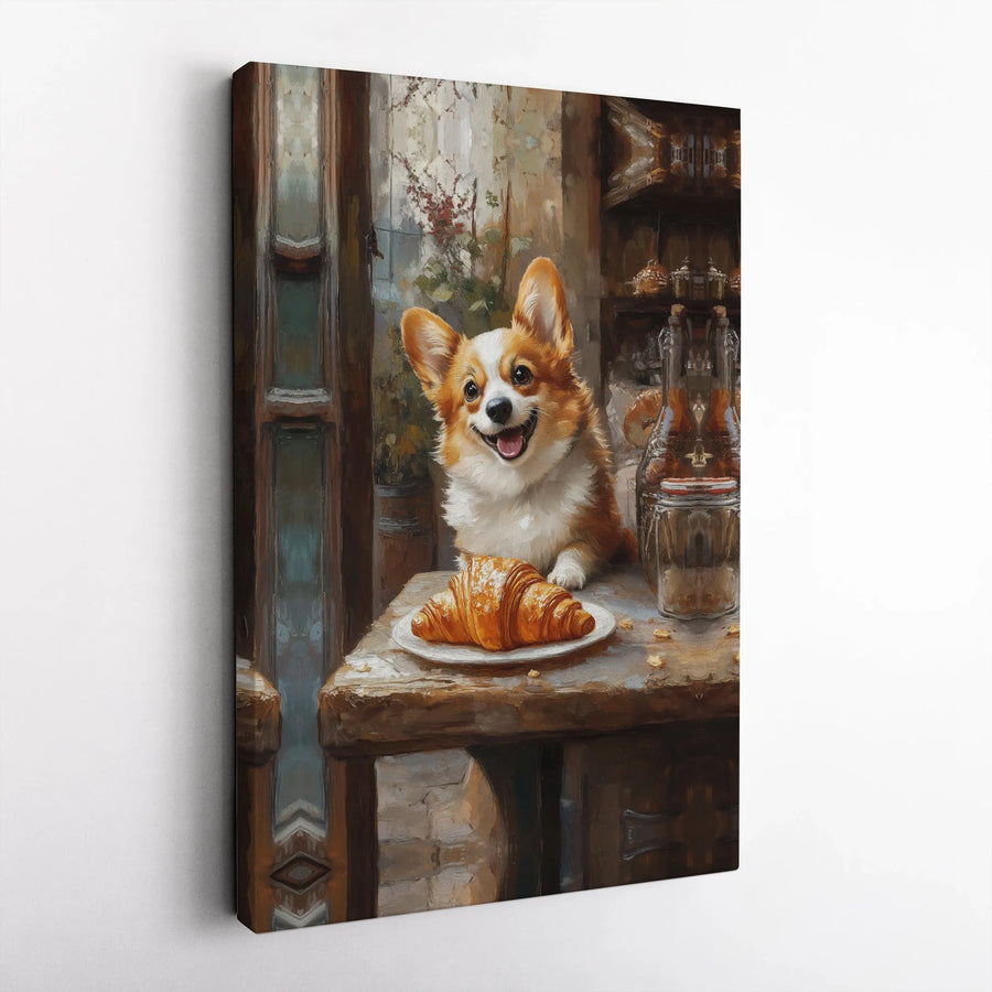 Corgi With Croissant Canvas Wall Art | Whimsical Cafe Style Oil Painting | Premium Fade-Resistant Gallery Wrap | Gift for Dog Lovers and Bakeries