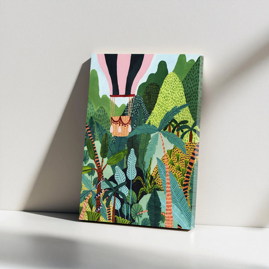 Jungle Hot Air Balloon Canvas Art | Vibrant Tropical Rainforest Illustration | Premium Gallery Wrap Canvas | Adventure Nursery Wall Decor Gift