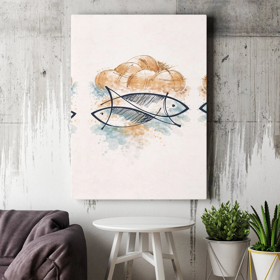 Loaves and Fishes Canvas Print | Modern Christian Watercolor Art | Premium Gallery Wall Decor | Faith Based Religious Gift for Home