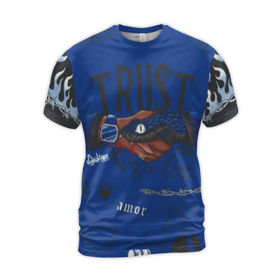 Trust No One Snake Handshake Graphic T-Shirt | Blue Flame & Barbed Wire Design | Premium Polyester Spandex | Edgy Streetwear Gift for Men
